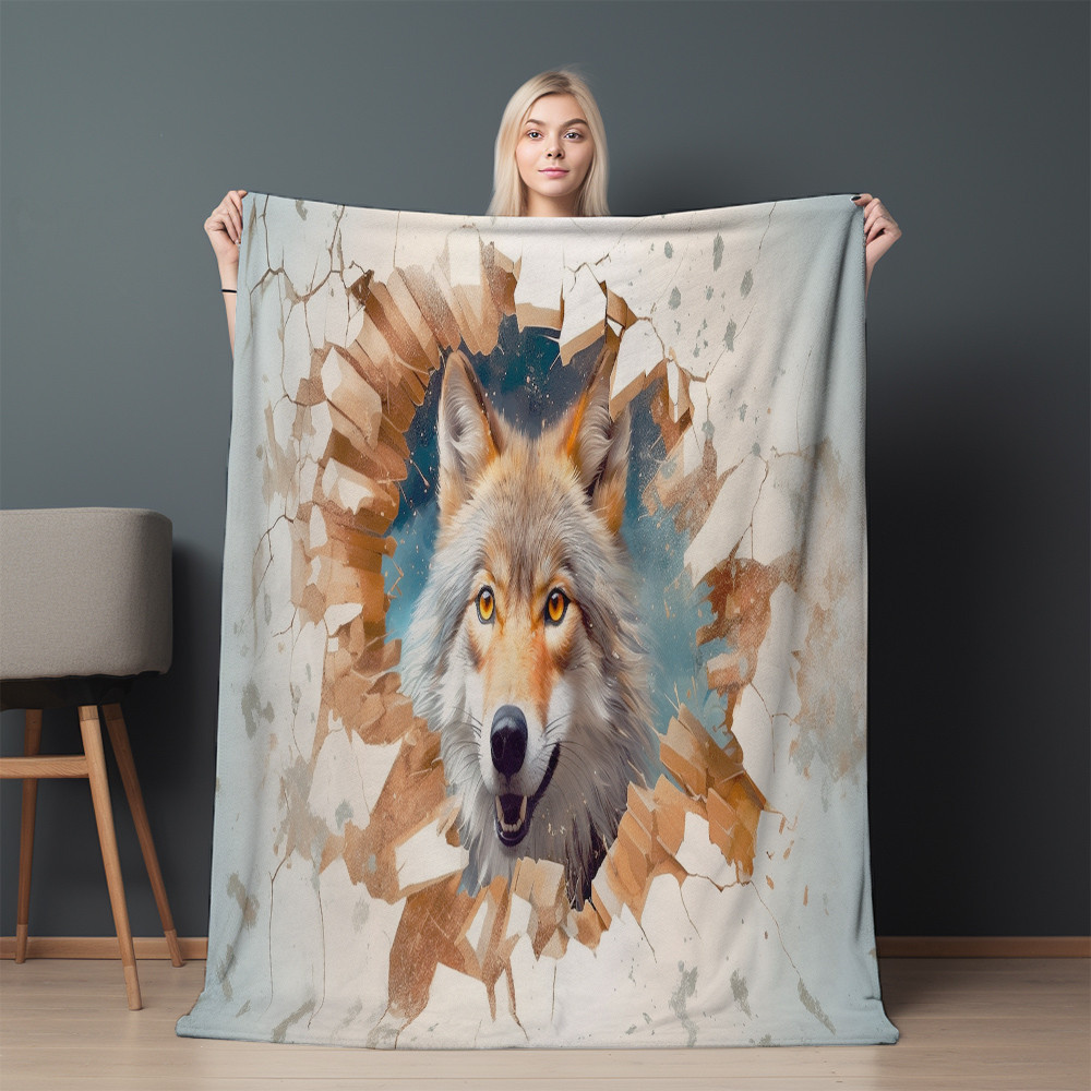 Wolf Through Broken Hole Printed Sherpa Fleece Blanket Animal Design