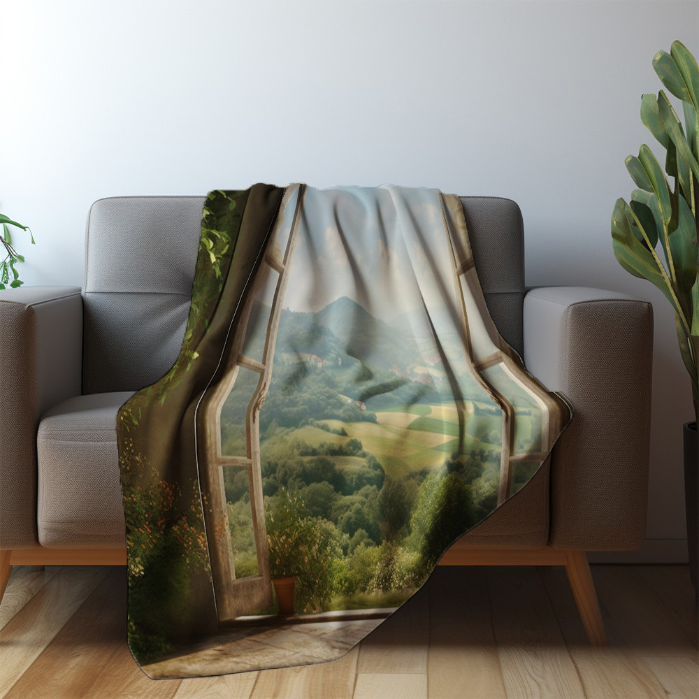 Window Overlooking Peaceful Landscape Printed Sherpa Fleece Blanket