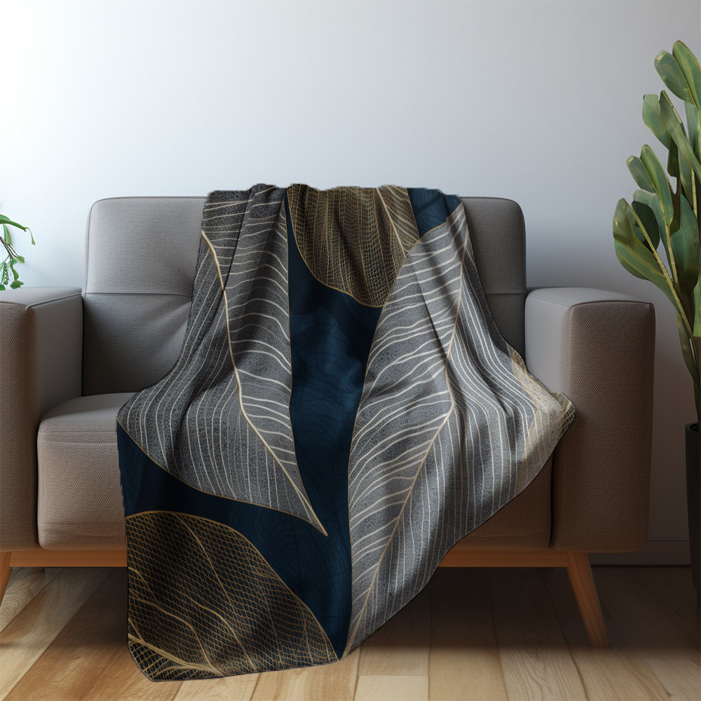 White And Blue Leaves Printed Sherpa Fleece Blanket