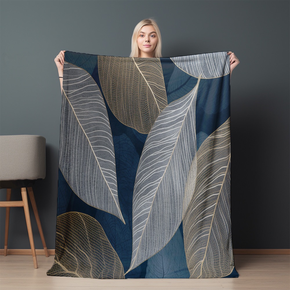 White And Blue Leaves Printed Sherpa Fleece Blanket