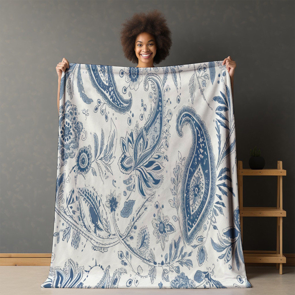 White And Blue Paisley Pattern White Background Printed Sherpa Fleece Blanket