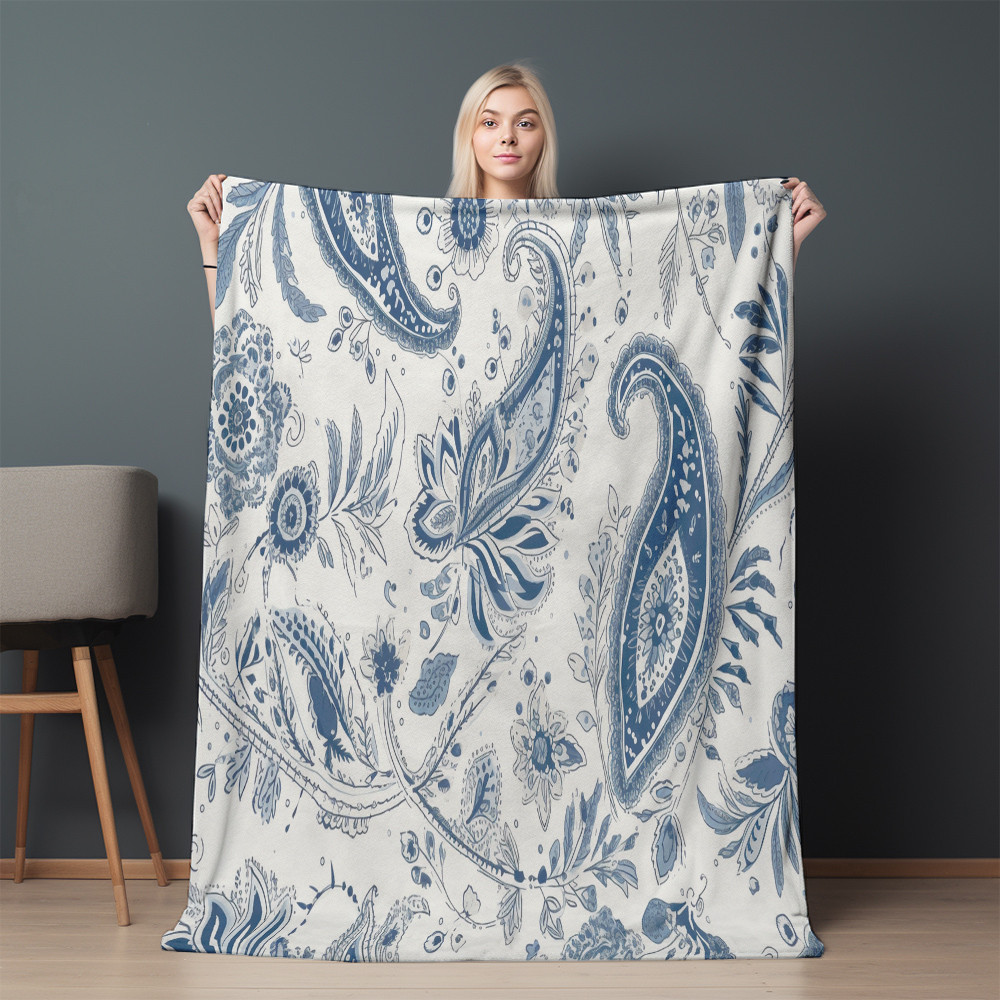 White And Blue Paisley Pattern White Background Printed Sherpa Fleece Blanket