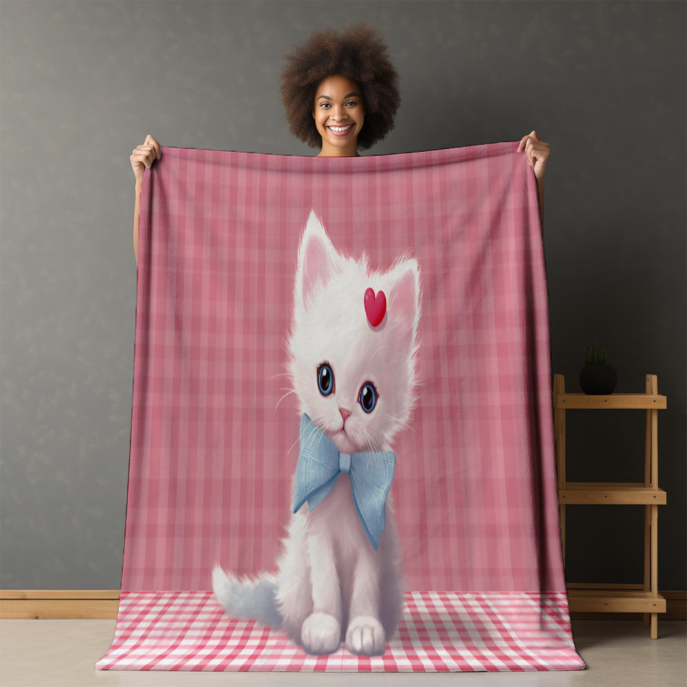 White Kitten Printed Sherpa Fleece Blanket In Pink Checkered Pattern Design For Kids
