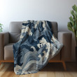 White Blue Japanese Waves Printed Sherpa Fleece Blanket Seamless Pattern Design