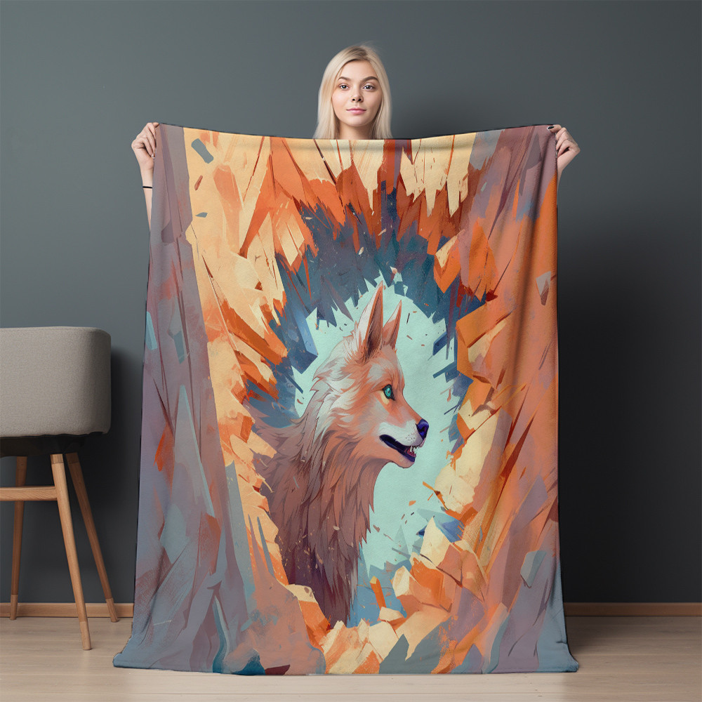 Wolf Illustration Through Broken Hole Printed Sherpa Fleece Blanket Animal Design