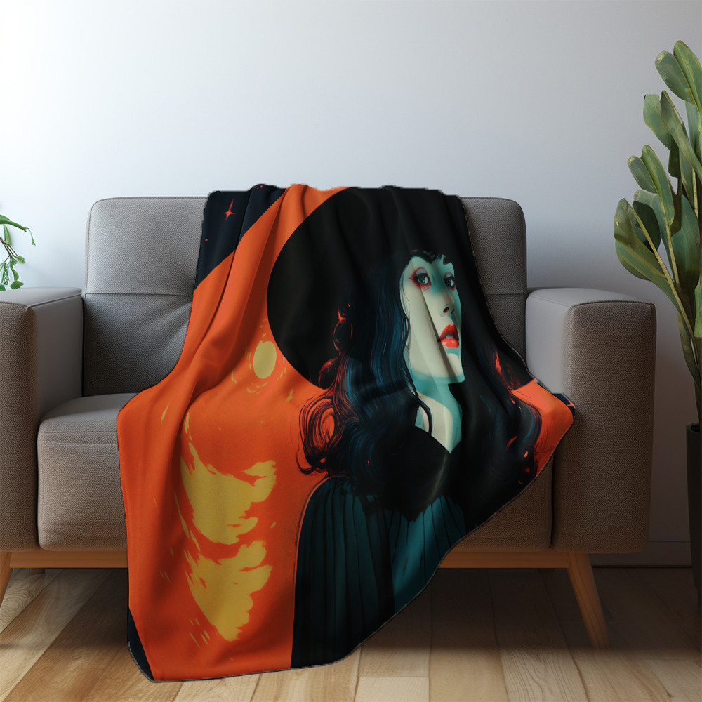 Witch Girl And Moon Printed Sherpa Fleece Blanket Halloween Design