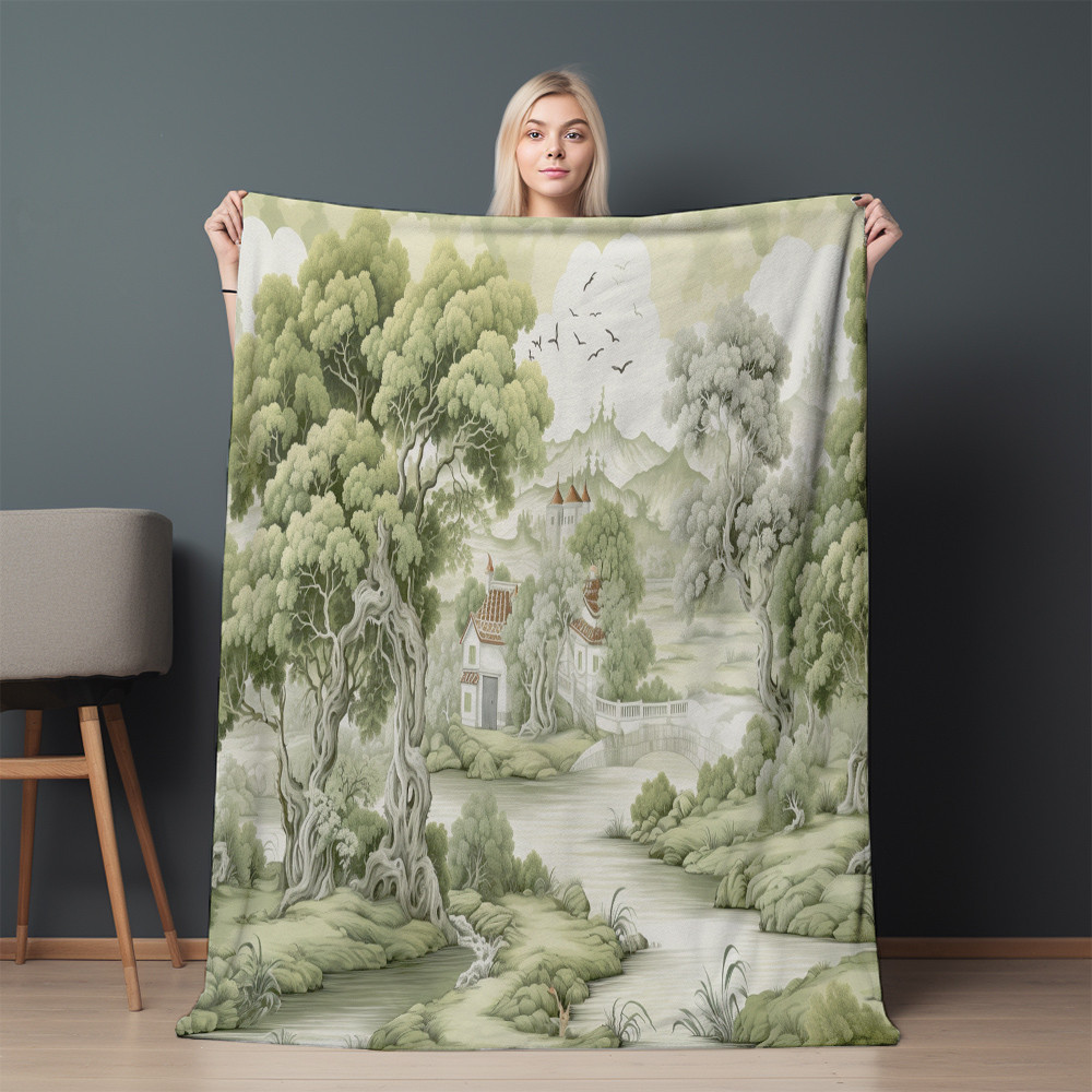 Willow Trees Chinoserie Printed Sherpa Fleece Blanket Avignon Floral Design