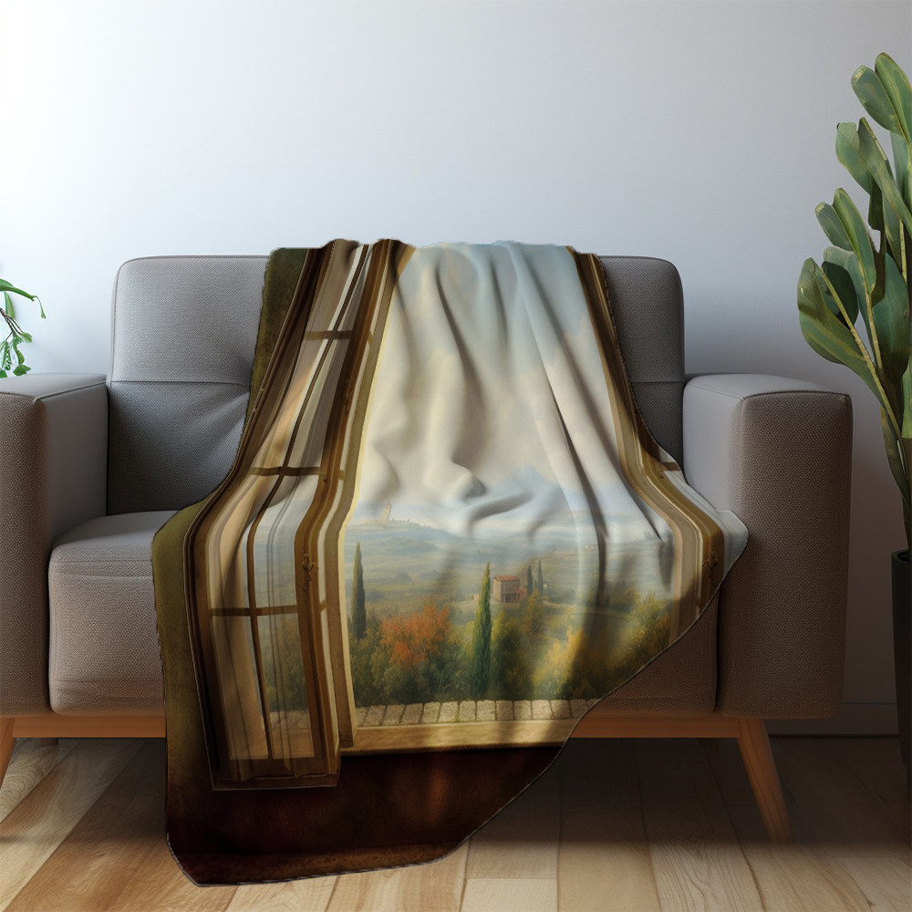 Window Overlook Countryside Landscape Printed Sherpa Fleece Blanket
