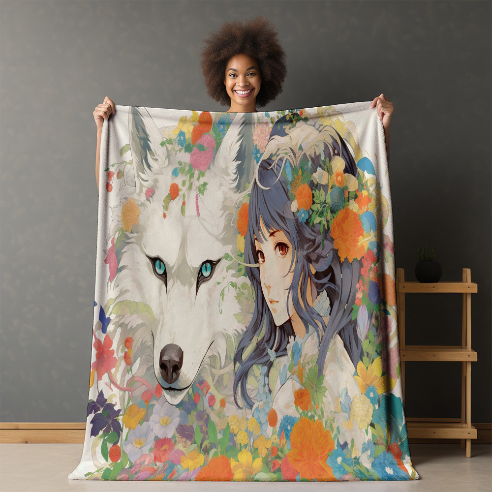 Wolf And Girl Printed Sherpa Fleece Blanket Anime Design