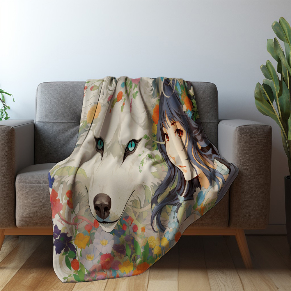 Wolf And Girl Printed Sherpa Fleece Blanket Anime Design