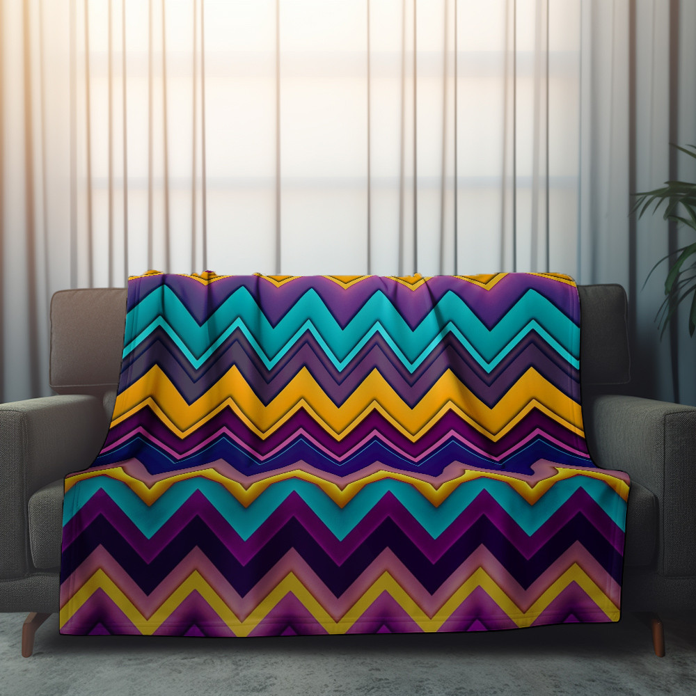 Yellow Purple Zigzag Patterns Printed Sherpa Fleece Blanket Illusion Design