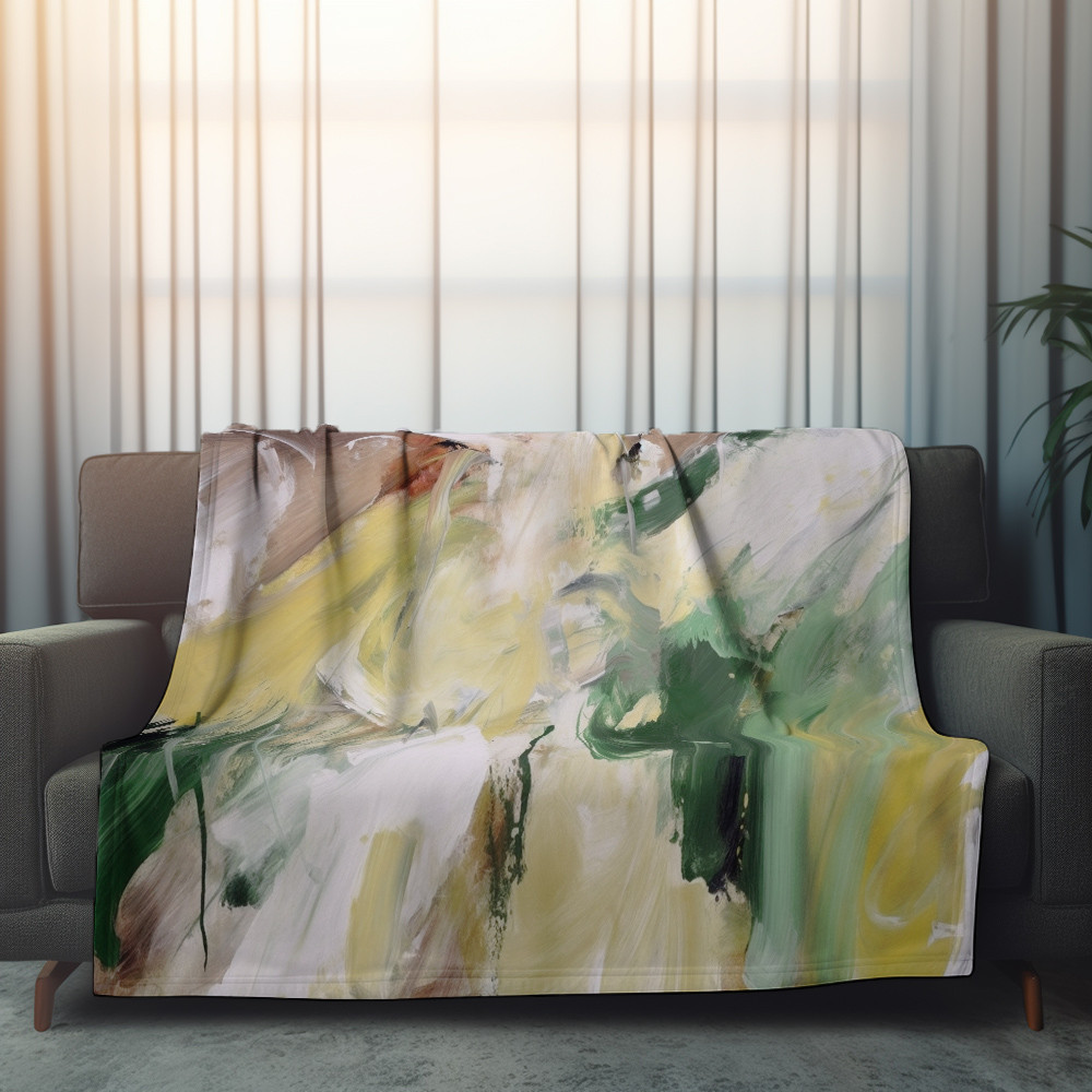 Yellow And Green Brushstrokes Printed Sherpa Fleece Blanket Abstarct Painting Design