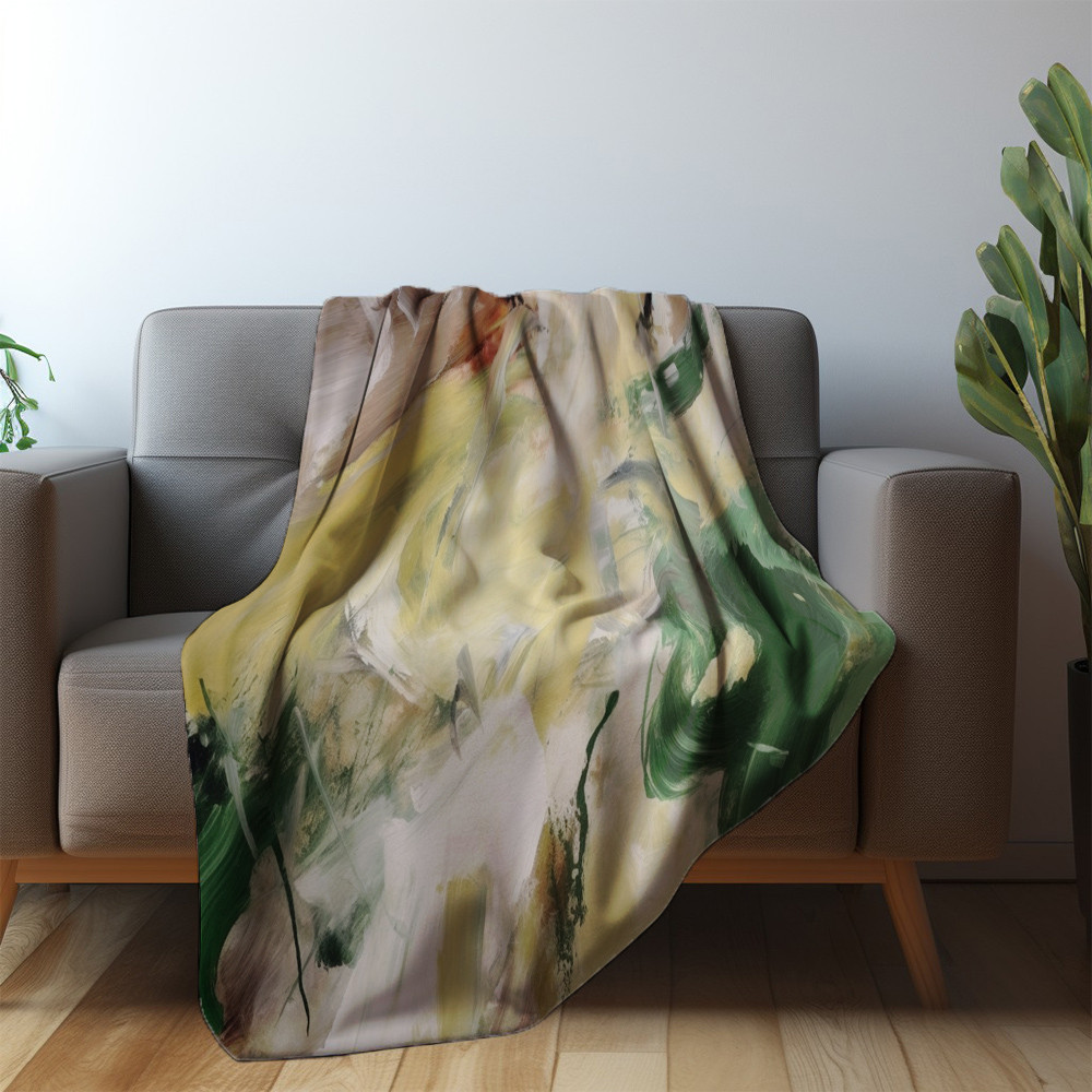 Yellow And Green Brushstrokes Printed Sherpa Fleece Blanket Abstarct Painting Design