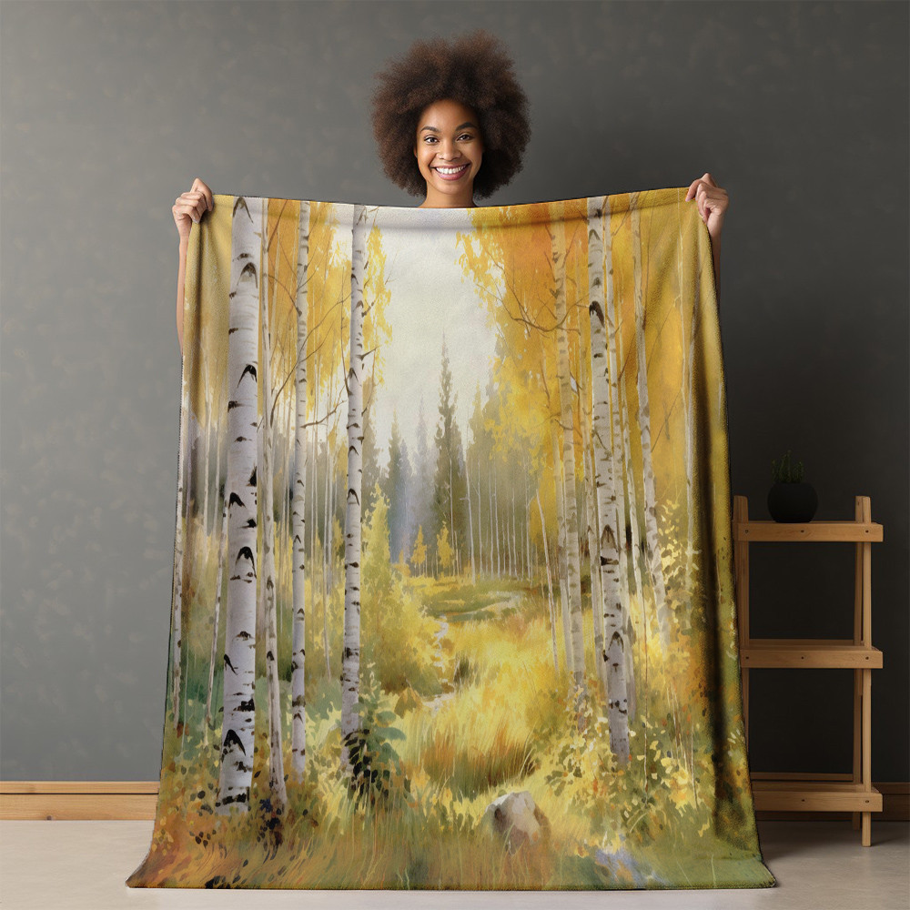 Yellow And Orange Birch Trees Printed Sherpa Fleece Blanket Nature Design