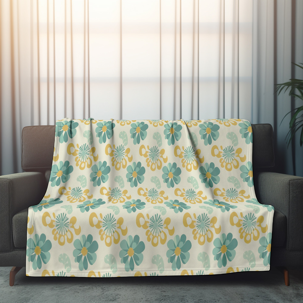 Yellow And Green Flower And Leave Printed Sherpa Fleece Blanket Tile Pattern Design
