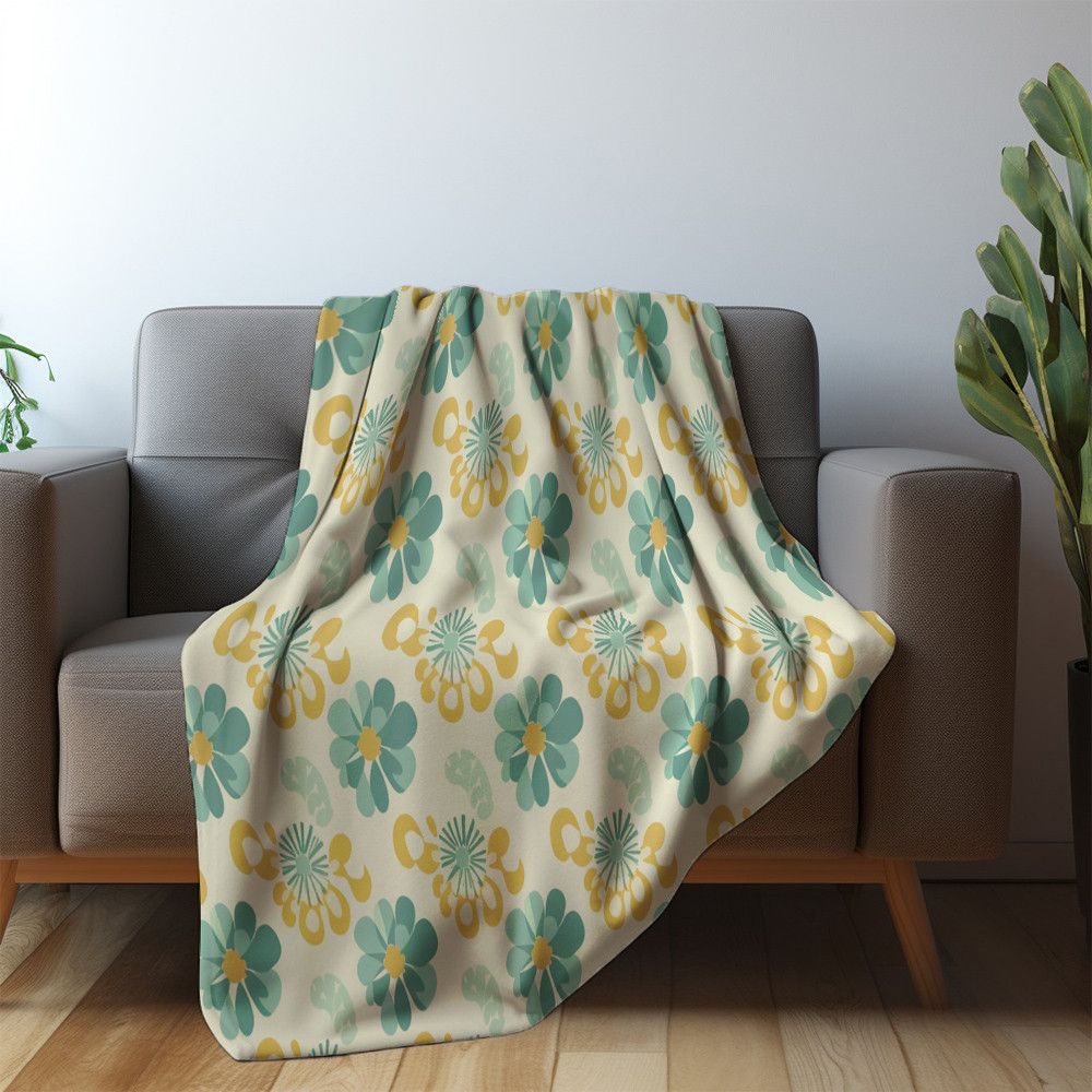 Yellow And Green Flower And Leave Printed Sherpa Fleece Blanket Tile Pattern Design