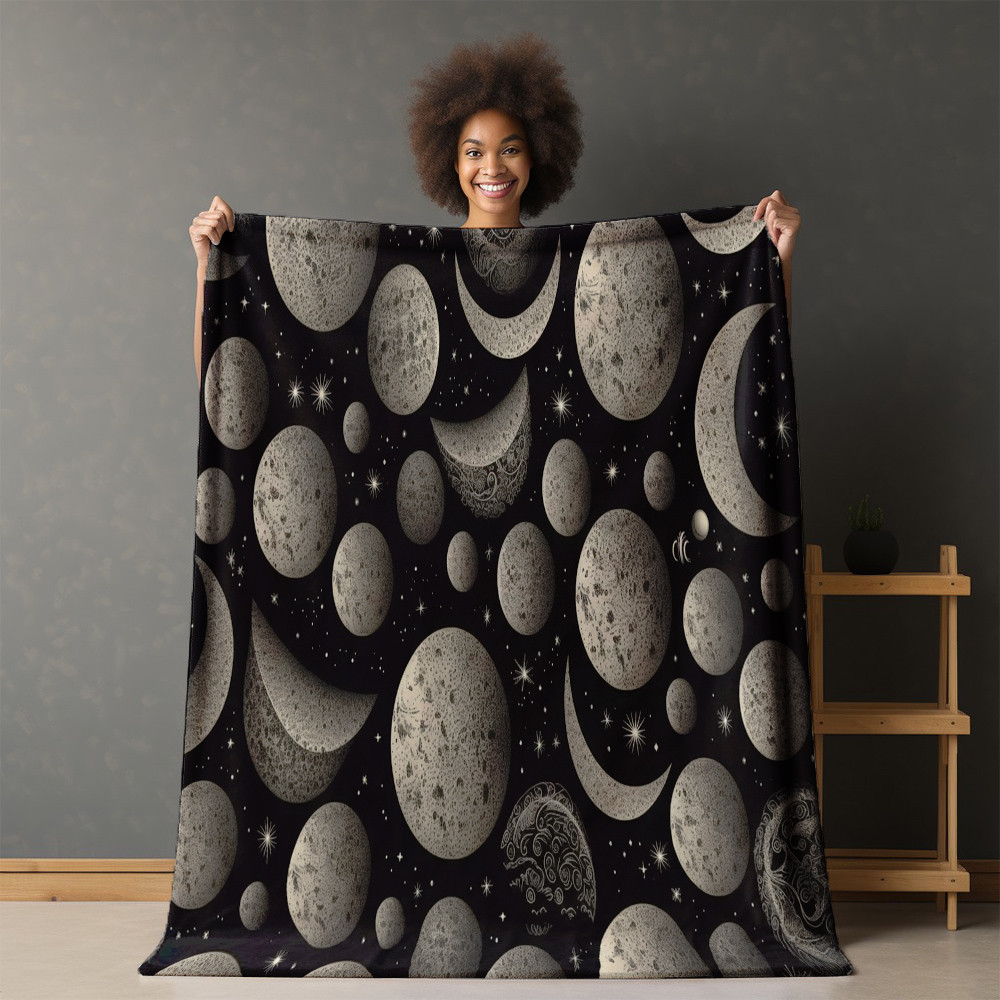 World Of Moon Pattern Printed Sherpa Fleece Blanket