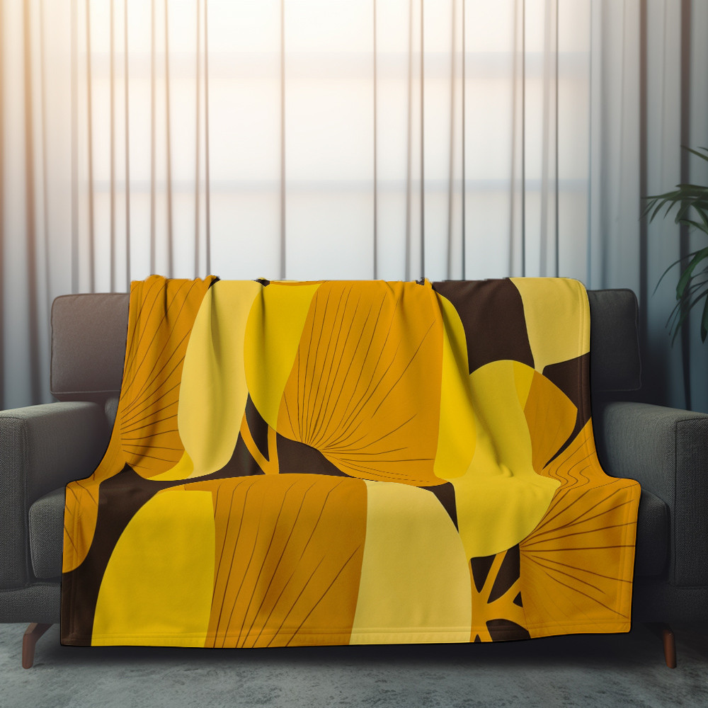 Yellow Leaf Mid Century Printed Sherpa Fleece Blanket Pattern Design