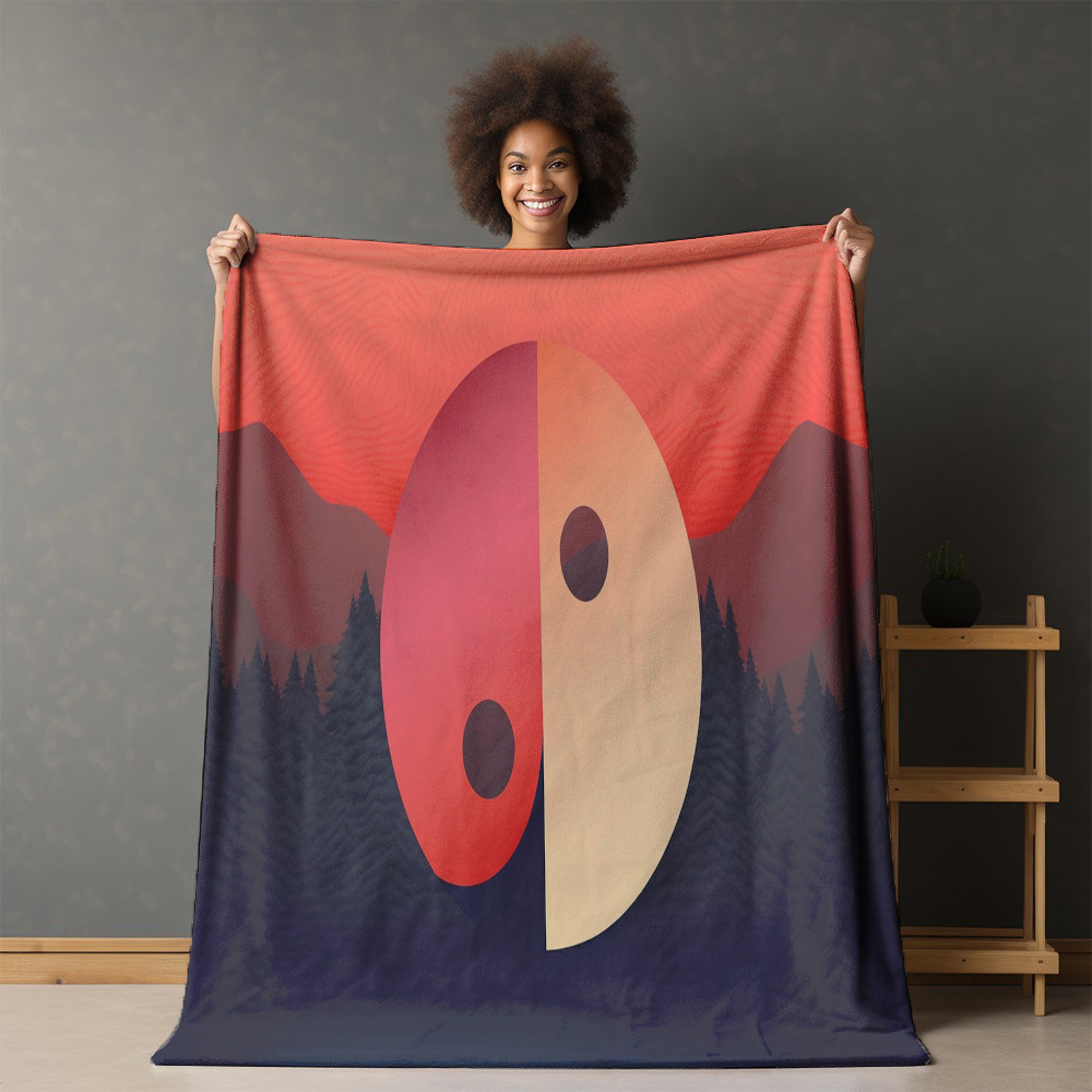 Yin Yang Symbol Printed Sherpa Fleece Blanket Minimalist Design