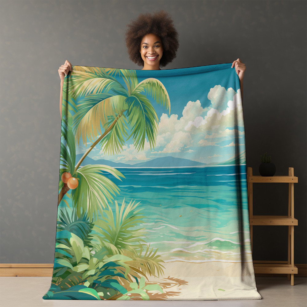 Anime Beach And Coconut Tree Printed Printed Sherpa Fleece Blanket