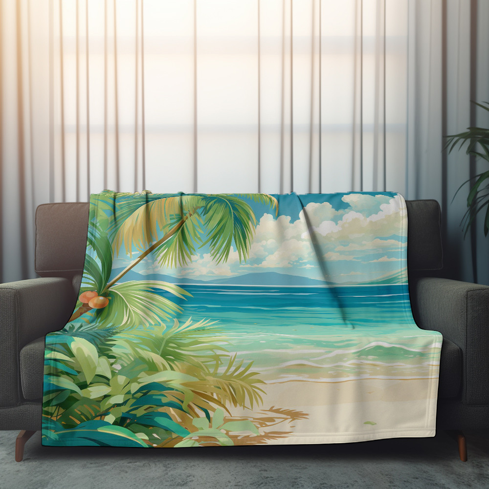 Anime Beach And Coconut Tree Printed Printed Sherpa Fleece Blanket
