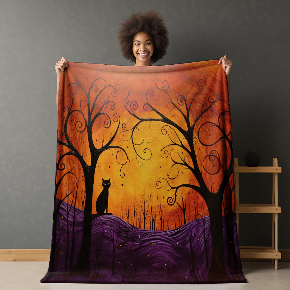 Black Cat Orange And Purple Halloween Design Printed Sherpa Fleece Blanket