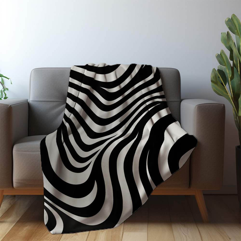 Black And White Waves Printed Printed Sherpa Fleece Blanket Optical Illusion Design