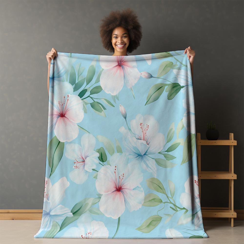 Blue Hibiscus Flowers Floral Design Printed Sherpa Fleece Blanket
