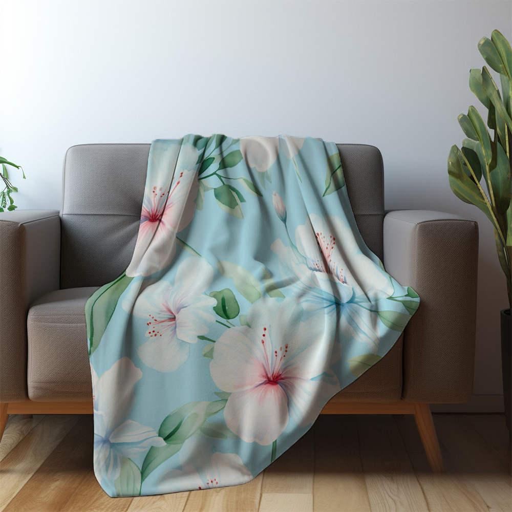 Blue Hibiscus Flowers Floral Design Printed Sherpa Fleece Blanket
