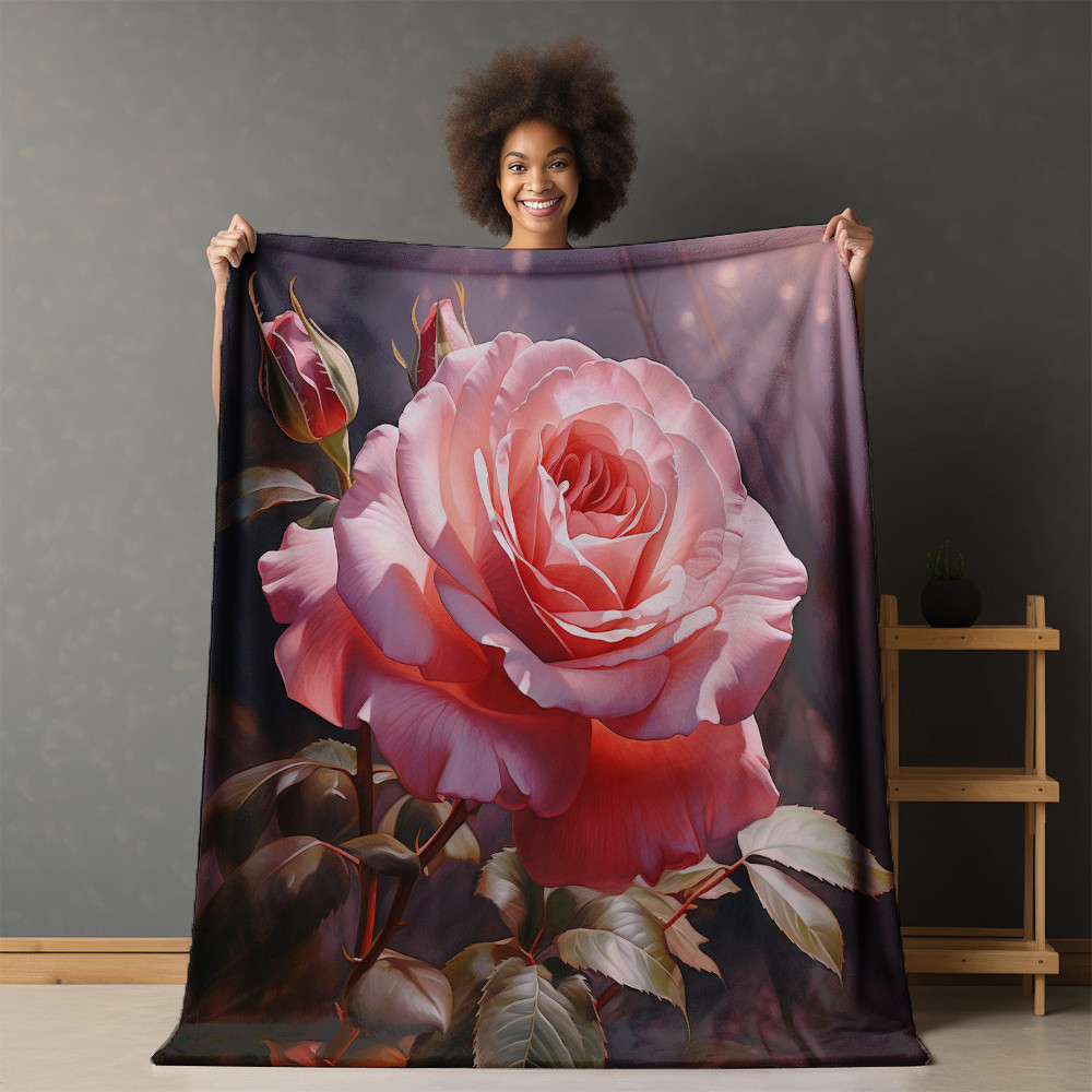 Beautiful Pink Rose Is Blooming Printed Printed Sherpa Fleece Blanket