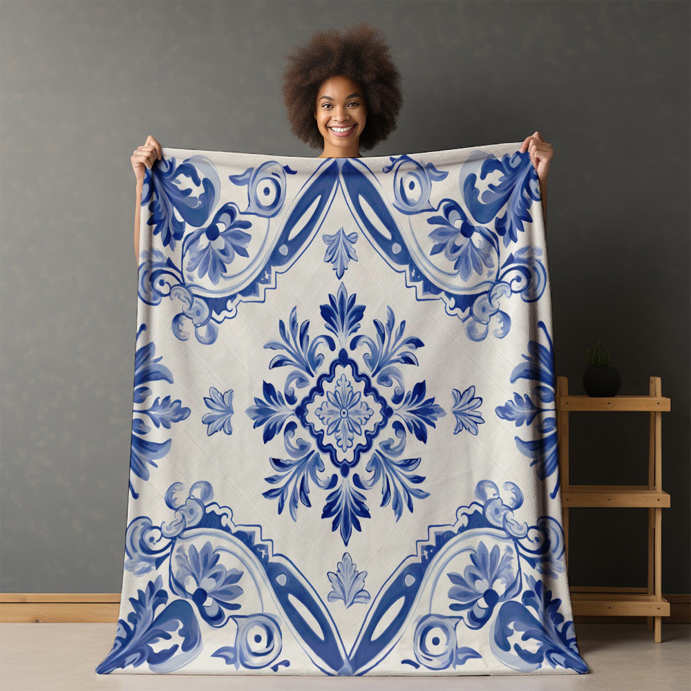 Azulejo Blue Seamless Pattern On White Design Printed Sherpa Fleece Blanket