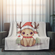 Cute Christmas Reindeer In Santa Hat Printed Printed Sherpa Fleece Blanket