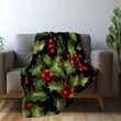 Holly Berries On Black Christmas Winter Pattern Design Printed Sherpa Fleece Blanket