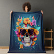 Fashionable Skull Wearing Sunglass Colorful Flowers Pattern Printed Sherpa Fleece Blanket