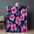Hibiscus Flowers Midnight Blue Floral Design Printed Sherpa Fleece Blanket