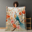 Colorful Bird Perched On A Tree Branch With Flowers Printed Printed Sherpa Fleece Blanket