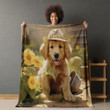 Cute Dog With Hat Sunflowers Pattern Printed Printed Sherpa Fleece Blanket