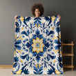 Blue Yellow Azulejo Seamless Pattern Design Printed Sherpa Fleece Blanket