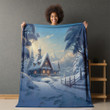 Snowy Cottage Landscape Design Printed Sherpa Fleece Blanket