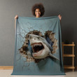 Menacing Shark Through Cracking Wall Animal Design Printed Sherpa Fleece Blanket