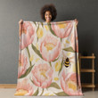 Pink Tulip And Bumblebee Animal Floral Design Printed Sherpa Fleece Blanket