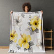 Yellow And Gray Hibiscus Pattern Printed Printed Sherpa Fleece Blanket
