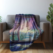 Window Overlooking Northern Lights Landscape Design Printed Sherpa Fleece Blanket