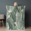Green And White Tropical Leaves Printed Sherpa Fleece Blanket Tropical Design