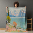 Lake And Mountains Soft Colors Printed Sherpa Fleece Blanket Landscape Design