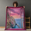 Italian Landscape Of Colorful House At Sunset Printed Sherpa Fleece Blanket Trompe L�oeil Design