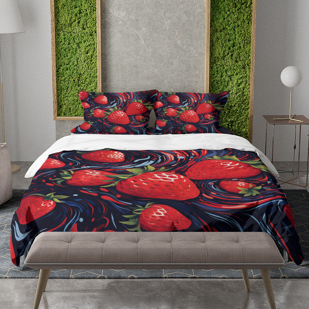 Abstract Strawberry Swirling Strokes Fruit Pattern Design Printed Bedding Set Bedroom Decor