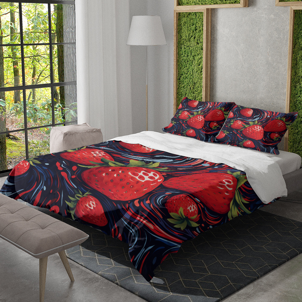 Abstract Strawberry Swirling Strokes Fruit Pattern Design Printed Bedding Set Bedroom Decor