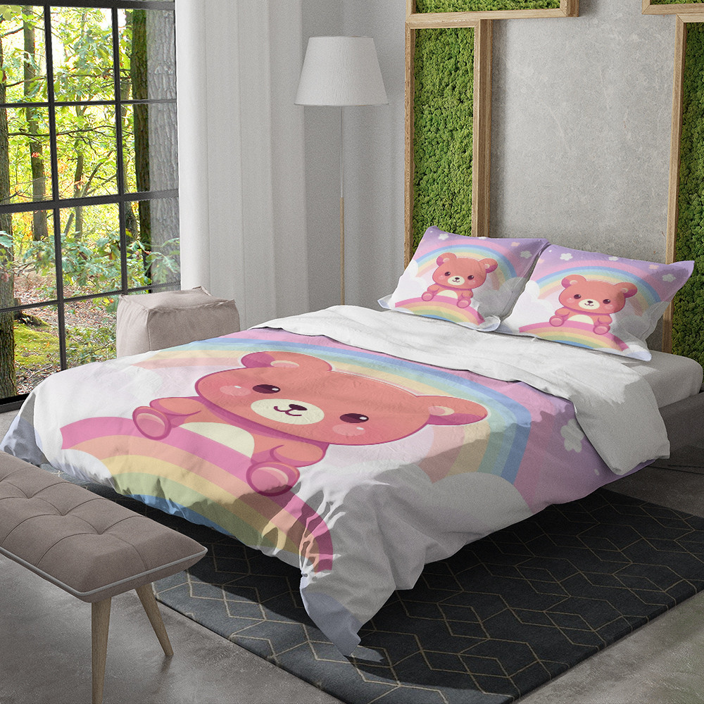 Bear And Rainbow Animal Design For Kids Printed Bedding Set Bedroom Decor