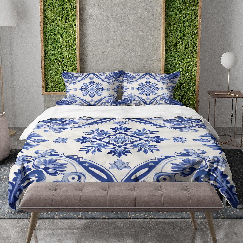 Azulejo Blue Seamless Pattern On White Design Printed Bedding Set Bedroom Decor